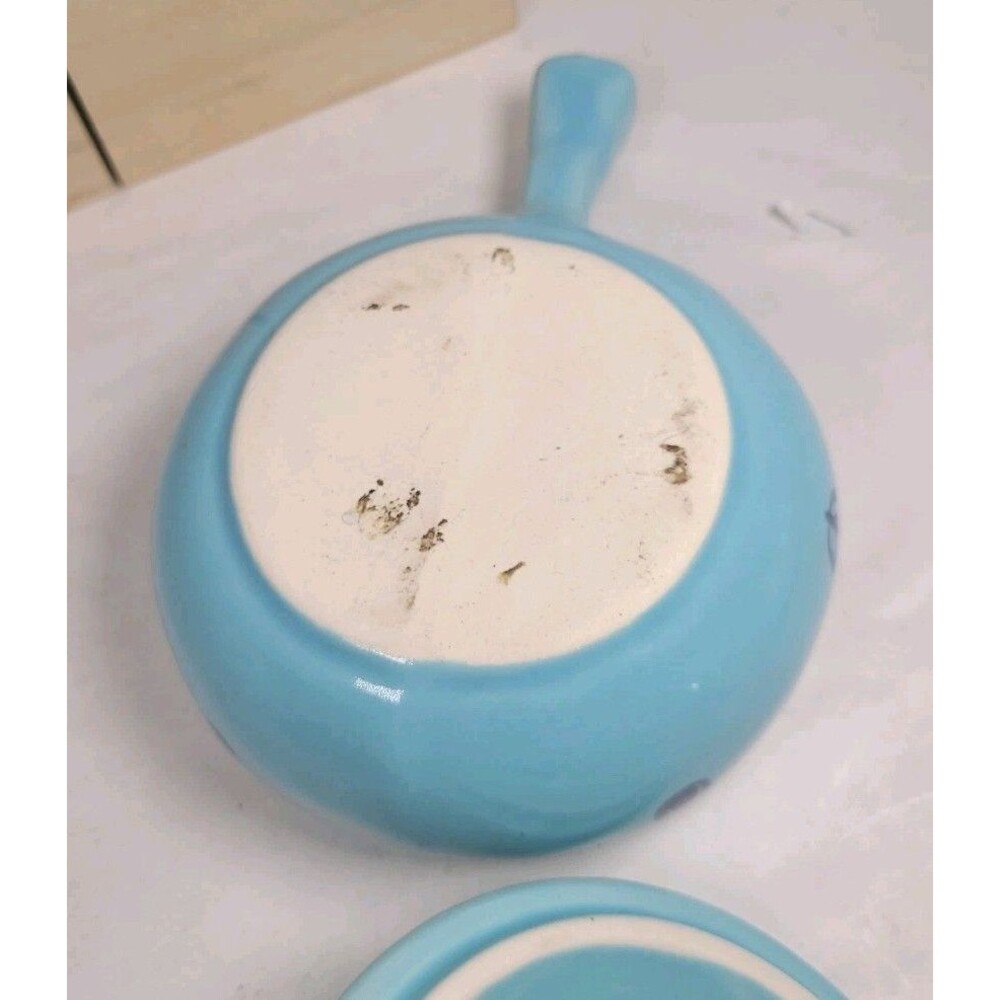 Vintage (4) Cronin BLUE TULIP Small Soup Sauce Pots WITH Lids & Handles - Picture 7 of 11
